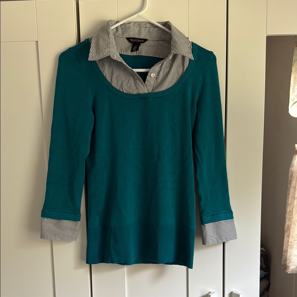 White House Black Market Teal and Black Striped Top